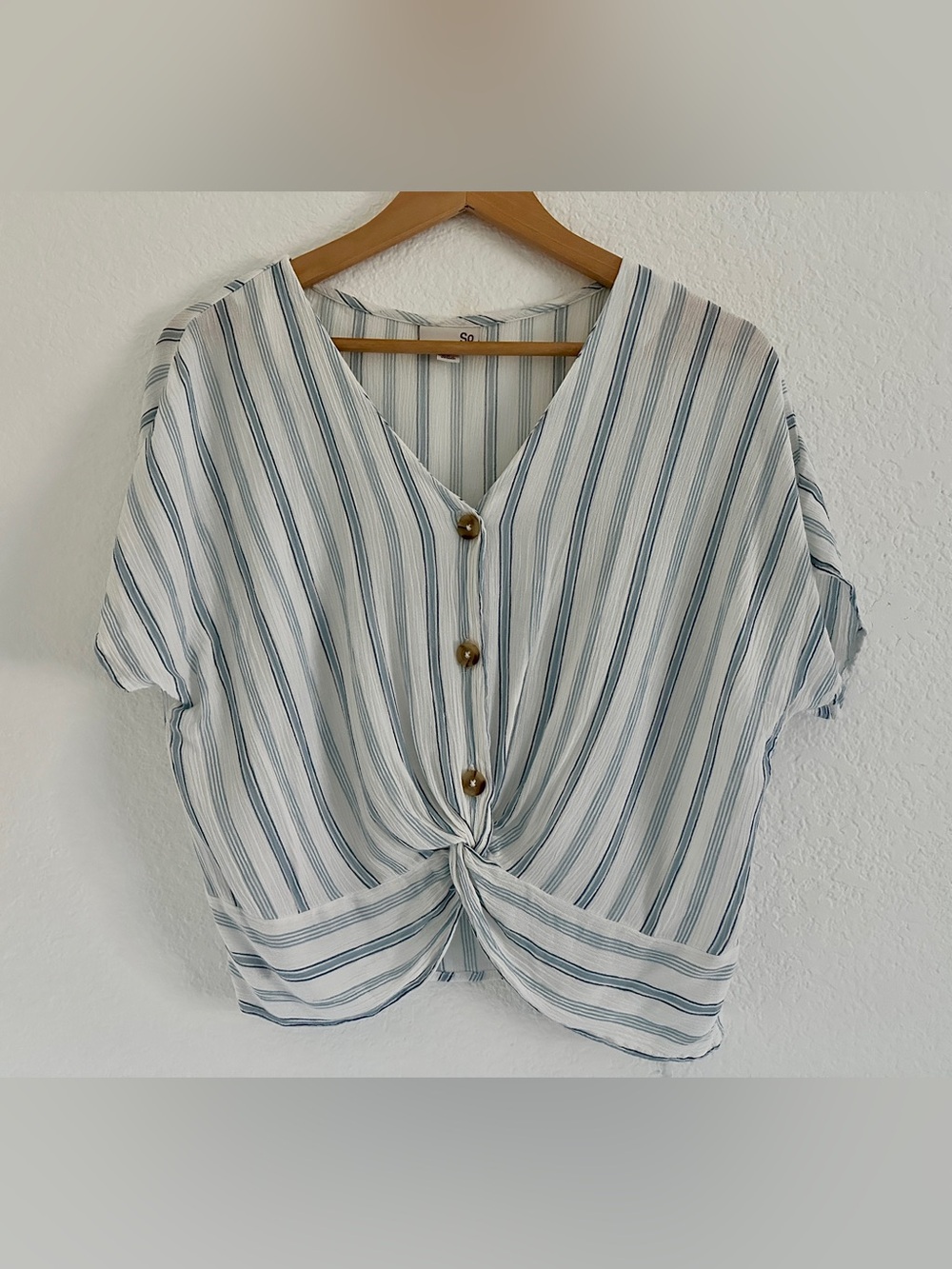 SO White Blouse with Blue Stripes and Front Knot - Size Small - Fits Medium